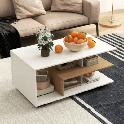 Hivvago Rectangular Coffee Table With L-shaped Middle Shelf-white