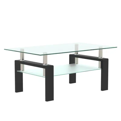 Hivvago Rectangular Double Layer Living Room Glass Coffee Table With Metal Legsclear Glass - Black