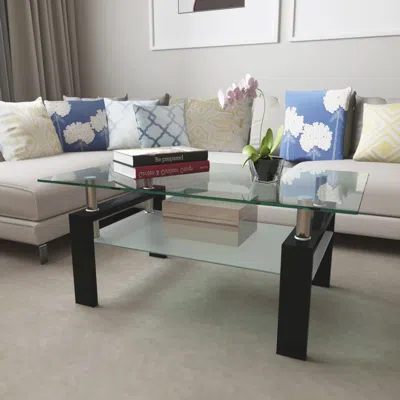 Hivvago Rectangular Double Layer Living Room Glass Coffee Table With Metal Legsclear Glass - Black