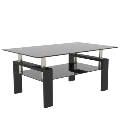 Hivvago Rectangular Double Layer Tempered Glass Coffee Table With Metal Legs Glass - Black