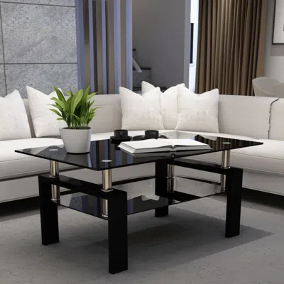 Hivvago Rectangular Double Layer Tempered Glass Coffee Table With Metal Legs Glass - Black In Burgundy