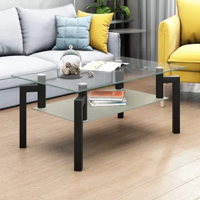 Hivvago Rectangular Double Layer Tempered Glass Coffee Table With Metal Legsclear Glass - Black