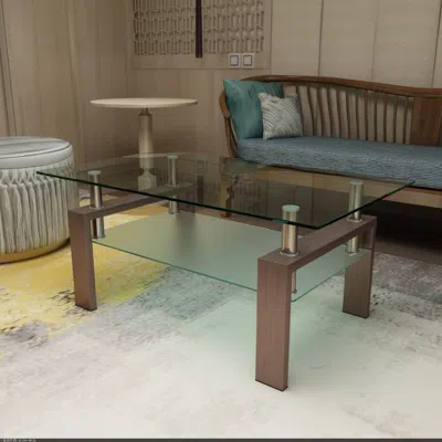 Hivvago Rectangular Double Layer Tempered Glass Coffee Table With Metal Legsclear Glass - Walnut In Brown