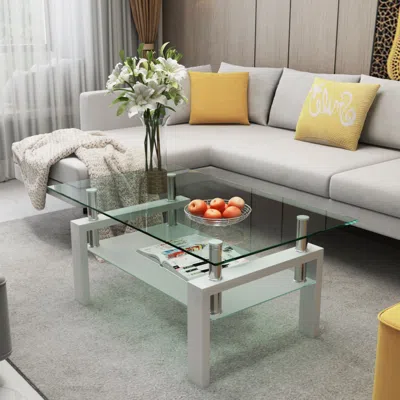 Hivvago Rectangular Double Layer Tempered Glass Coffee Table With Metal Legsclear Glass - White