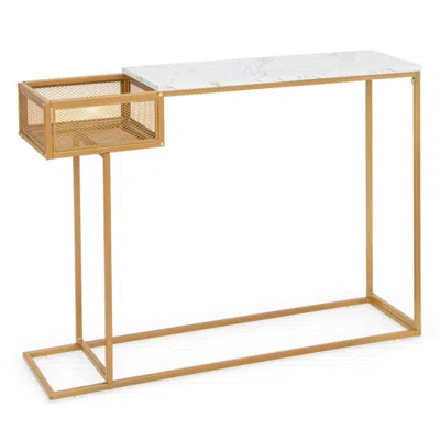 Hivvago Rectangular White Faux Marble Console Table With Storage-gold