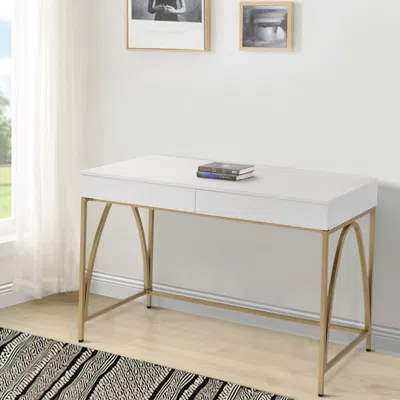 Hivvago Rectangular Wooden Frame Desk With 2 Drawers And Metal Legs, White And Gold