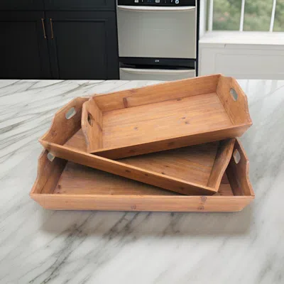 Hivvago Rectangular Wooden Serving Tray With Cut Out Handles, Set Of 3, Brown
