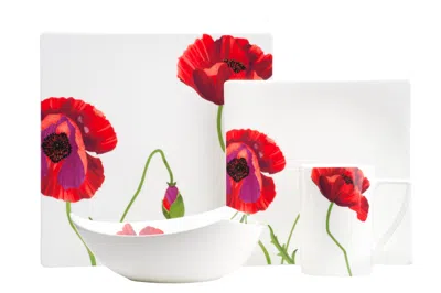 Hivvago Red And White Six Piece Square Floral Bone China Service For Six Dinner Plate Set
