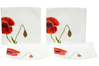 Hivvago Red And White Six Piece Square Floral Bone China Service For Six Salad Plate Set
