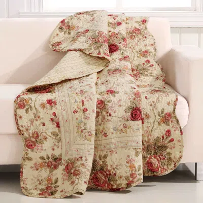 Hivvago Red Pink Gold Ecru Floral Roses Quilt Throw Blanket In 100% Cotton In Multi
