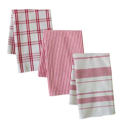 Hivvago Red Striped Tea Towel (set Of 3) In Pink