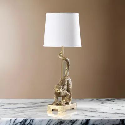 Hivvago Ree 24 Inch Accent Table Lamp, Monkey Resin Sculpture, Drum Shade, Gold