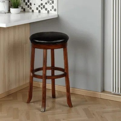 Hivvago Reggie Swivel Barstool Set Of 2, Black Faux Leather, Brown Mahogany