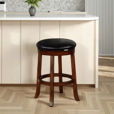 Hivvago Reggie Swivel Counter Stool Set Of 2, Black Faux Leather, Brown Wood