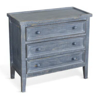 Hivvago Rena Side End Table With 3 Drawers, 28 Inch Rustic Blue Mahogany Wood