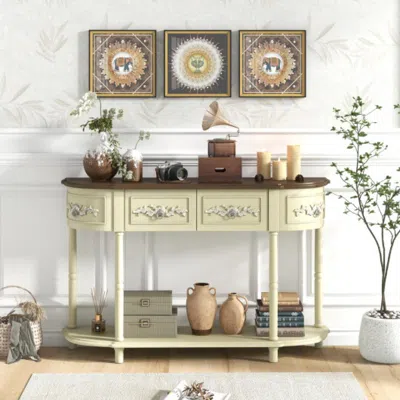 Hivvago Retro Curved Console Table With Drawers And Solid Wood Legs-beige In Black