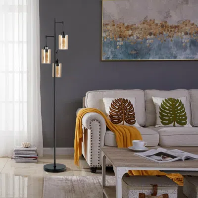 Hivvago Retro Floor Lamp With 3-head Hanging Amber Glass Shade In Black