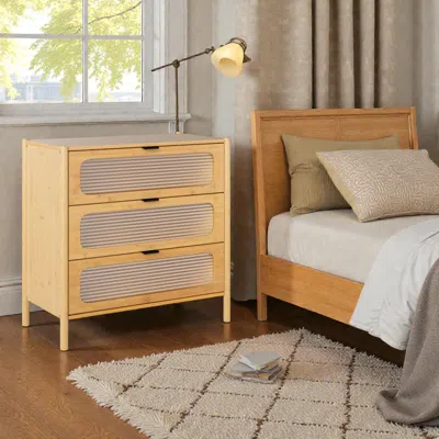 Hivvago Retro-inspired 3-drawer Dresser With Grooved Tempered Glass Front In Nude