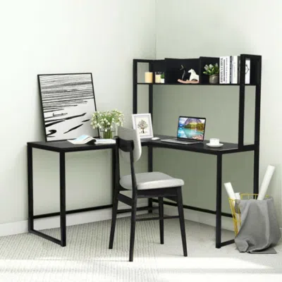 Hivvago Reversible L-shaped Corner Desk With Storage Bookshelf-black