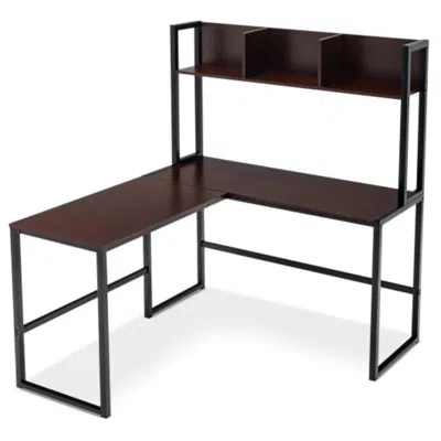 Hivvago Reversible L-shaped Corner Desk With Storage Bookshelf-dark Brown