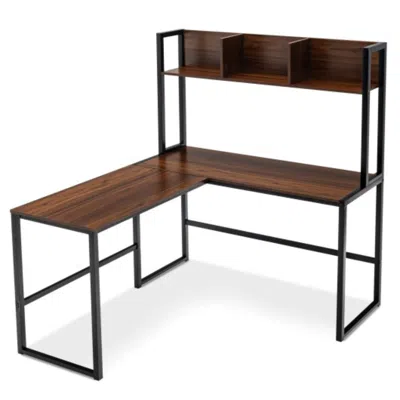 Hivvago Reversible L-shaped Corner Desk With Storage Bookshelf-walnut