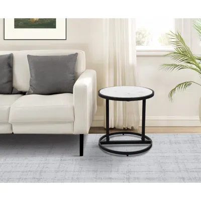 Hivvago Rex 18 Inch Round Marble Top Side Table With Tubular Metal Frame, White And Black