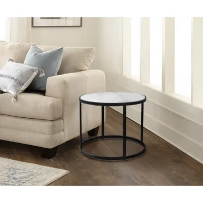 Hivvago Rex 23 Inch Round Marble Top Side Table With Tubular Metal Frame, White And Black