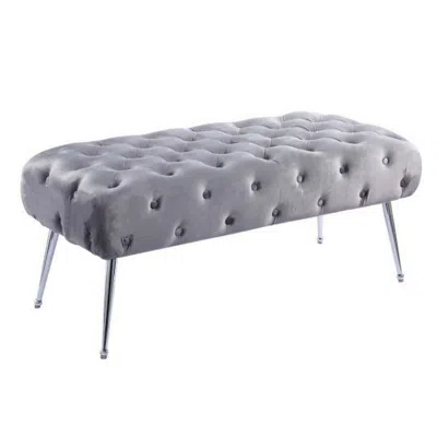 Hivvago Rey 48 Inch Accent Bench, Tufted Gray Velvet Upholstery Padded Seat, Chrome