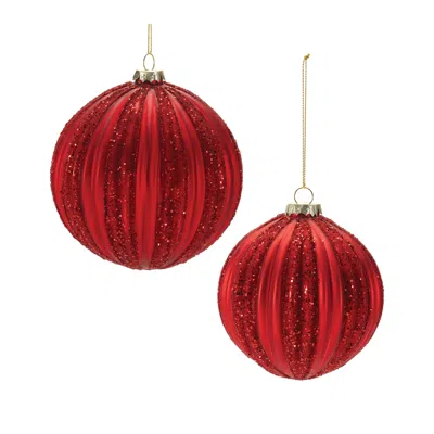Hivvago Ribbed Red Glass Ball Ornaments - Set Of 4