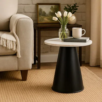 Hivvago Riko Side End Table, White Natural Marble 18 Inch Round Top, Modern Black Pedestal Base