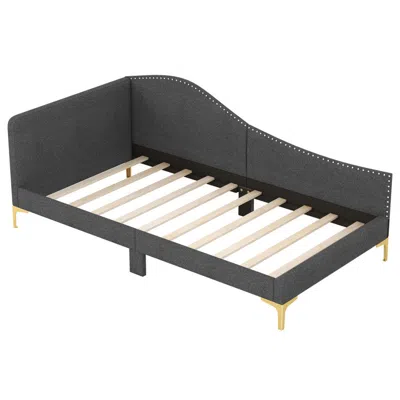 Hivvago Rivet-tufted Platform Bed With Metal Legs And Wood Slats In Gray