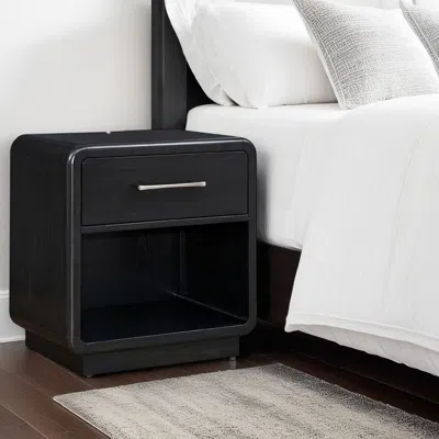 Hivvago Robeck Nightstand, 1 Drawer, Black 26 Inch, Silver Metal Handles