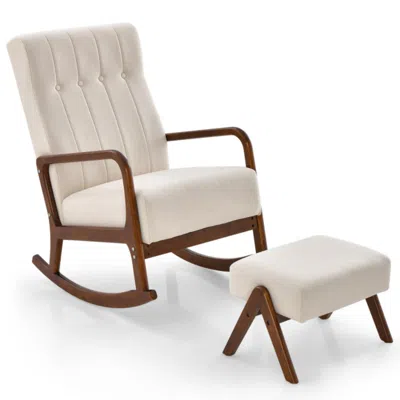Hivvago Rocking Chair With Ottoman And Solid Rubber Wood Frame And Padded Cushion-beige In Neutral