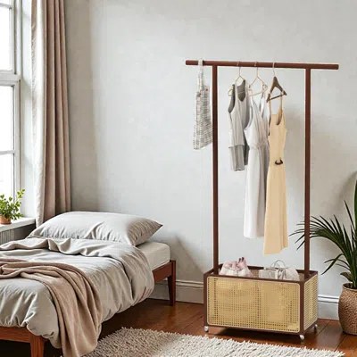 Hivvago Rolling Bamboo Garment Stand With Woven Rattan Storage Bin In Brown