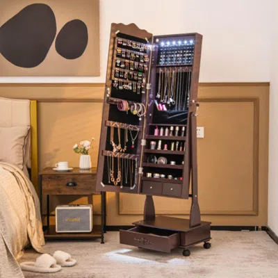 Hivvago Rolling Floor Standing Mirrored Jewelry Armoire With Lock And Drawers-brown