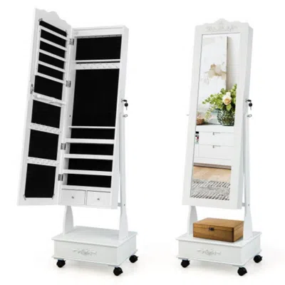 Hivvago Rolling Floor Standing Mirrored Jewelry Armoire With Lock And Drawers-white