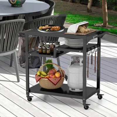Hivvago Rolling Grill Cart 3-shelf Bbq Cart With Hooks And Side Handle-black