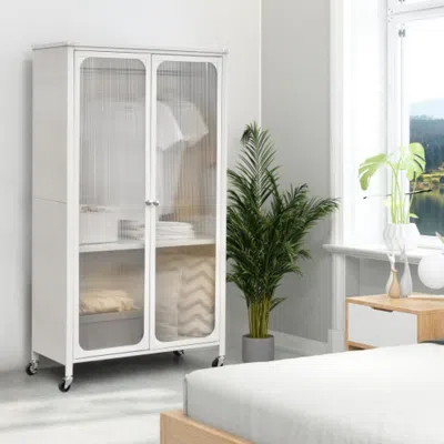 Hivvago Rolling Storage Armoire Closet With Hanging Rod And Adjustable Shelf-white