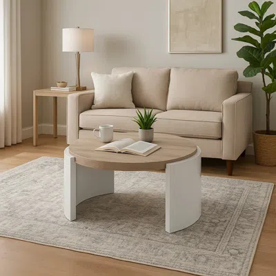 Hivvago Romani Coffee Table, White High Gloss Wood, Brown Top, Round 33 Inch