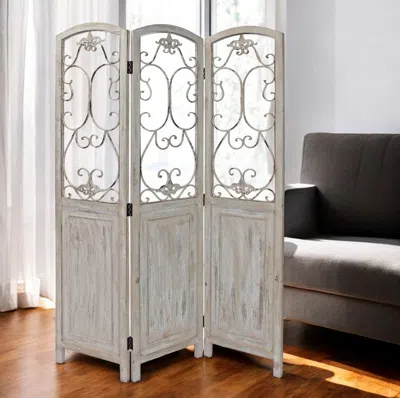 Hivvago Romantic Whitewashed Scroll Three Panel Room Divider Screen In Gray