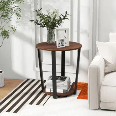 Hivvago Round End Table With Open Shelf And Metal Frame-walnut