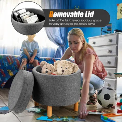Hivvago Round Fabric Storage Ottoman With Tray And Non-slip Pads For Bedroom-gray