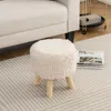 Hivvago Round Footstool Ottoman Faux Fur Footrest With Padded Seat And Rubber Wood Legs-white