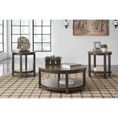 Hivvago Round Metal Frame Table Set With Wooden Top And Open Bottom Shelf, Brown
