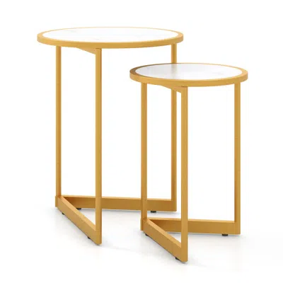 Hivvago Round Nesting Table Set Of 2 With Marble-like Tabletop In Gold