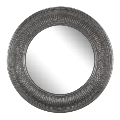Hivvago Round Wall Mirror With Thick Embossed Metal Border, Antique Gray