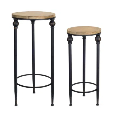 Hivvago Round Wood And Metal Plant Stand Table (set Of 2) In Brown