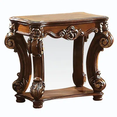 Hivvago Square Top End Table With Scrolled Leg And Bottom Shelf, Cherry Brown