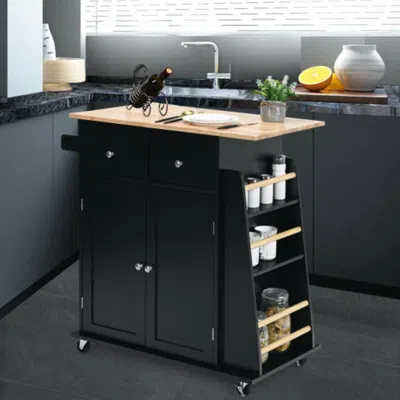 Hivvago Rubber Wood Countertop Rolling Kitchen Island Cart-black