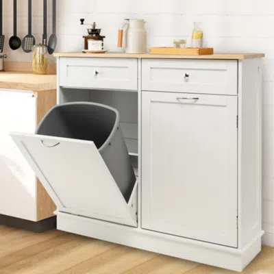 Hivvago Rubber Wood Kitchen Trash Cabinet With Single Trash Can Holder And Adjustable Shelf-white